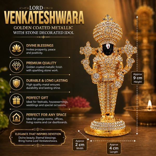 Decorative Lord Venkateswara Balaji Idol with Premium Crystal Stone Work | Gold-Plated Tirupati Balaji Statue for Home Temple, Pooja Room, Office & Car Dashboard/8