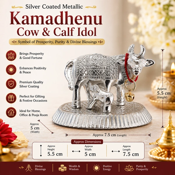 Silver Coated Metallic Kamadhenu Cow and Calf Idol for Home Décor, Pooja Room, Office & Gift Purpose | Symbol of Prosperity, Wealth & Divine Blessings/36