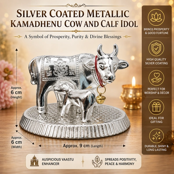 Silver coated Kamdhenu Cow with Calf Decorative Showpiece for Home Decor, Pooja Room, Vastu, Office Desk & Gift Item (Silver Finish)/ 39
