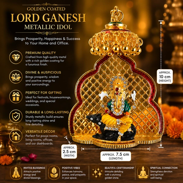 Golden Coated Lord Ganesha Metallic Idol for Home Decor, Pooja Room, Office & Car Dashboard | Decorative Ganesh Murti e | Auspicious Gift for Housewarming, Diwali & Festivals|/4