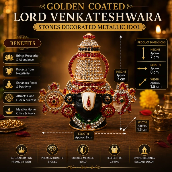 Golden Coated Lord Venkateshwara Stones Decorated Metallic Idol for Home Decor, Pooja Room, Office & Gifting | Premium Stone Studded Divine Statue /8