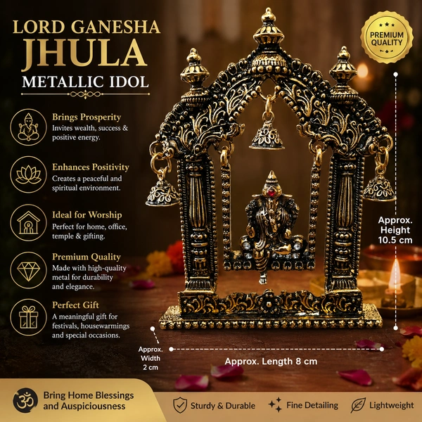 Lord Ganesha Jhula Metallic Idol|Home Temple, Pooja Room & Office Decor | Decorative Hanging Swing Ganesh Statue with Temple Arch Design | Spiritual Gift Item /4