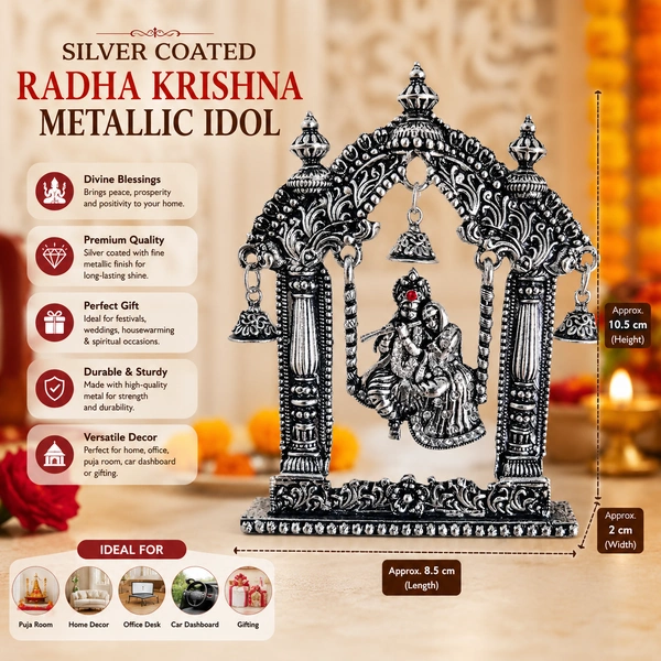 Silver Coated Radha Krishna Metallic Idol with Decorative Jhula Swing | Elegant Hindu God Statue for Home Temple, Pooja Room, Office Desk & Car Dashboard | Spiritual Home Decor & Gift Item /3