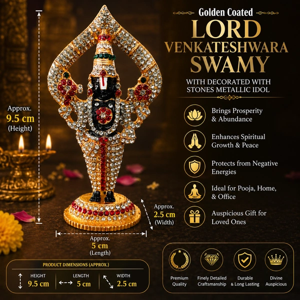 Golden coated Lord Venkateswara swamy Decorated with Stones metallic Idol| Decorative Metal Tirupati venkateshwara swamy Murti for Home Temple, Pooja Room & Office Decor | Spiritual Gift Item