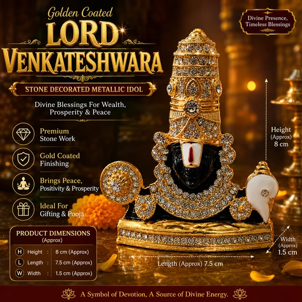Golden Coated Lord Venkateswara Stone Decorated Metallic Idol for Home Temple, Pooja Room & Office Desk | Premium Balaji Statue | Decorative Spiritual Gift Item | Compact Hindu God Murti /8