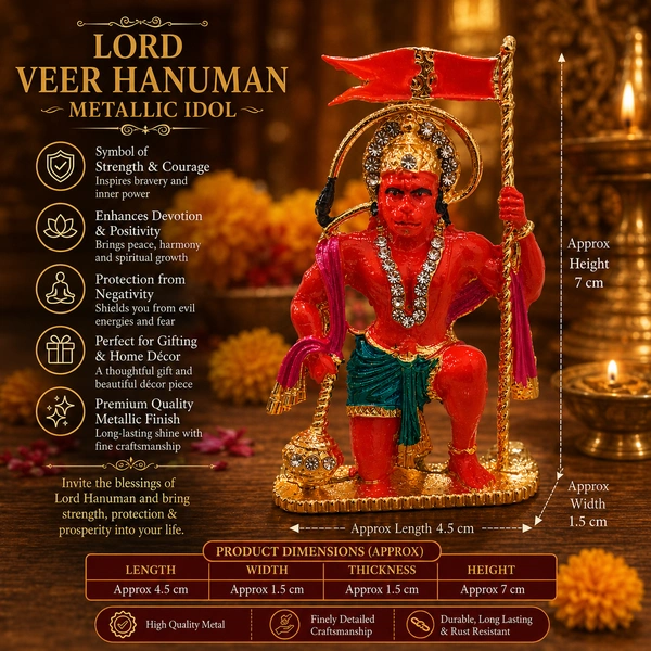Lord Veer Hanuman Metallic Idol for Home Decor & Puja Room | Gold-coated Decorative Hanuman Statue with Stone Work | Spiritual Gift Item for Home, Office, Temple & Festive Occasions /7