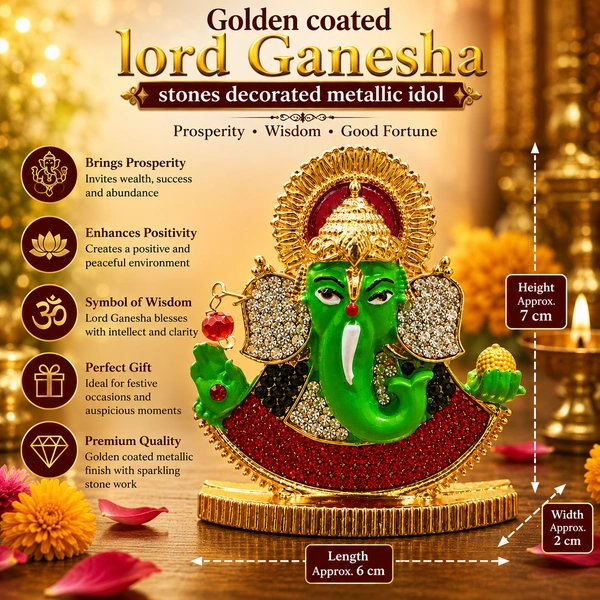 Golden Coated Lord Ganesha Face Idol with Stone Work – Decorative Metallic Ganesh Murti for Home, Office, Car Dashboard, Pooja Room & Spiritual Gift Item /7