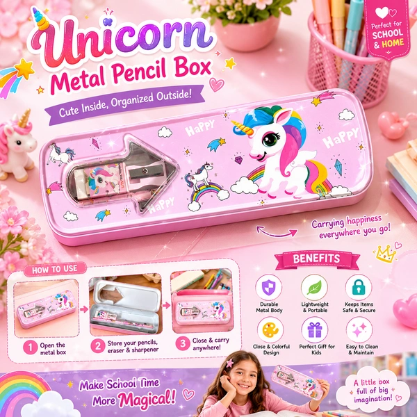 Cute Unicorn Metal Pencil Box for Kids with Built-in Sharpener & Eraser, pencil | Durable Tin Pencil Case | Cartoon Unicorn Stationery Organizer for School, Tuition & Travel | Pink