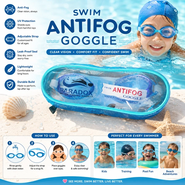 paradox Anti-Fog Swimming Goggles with Protective Storage Case | UV Protection Swim Glasses for Kids, Teens & Adults | Leak-Resistant Adjustable Strap Swimming Eyewear for Pool & Outdoor Swimming (Blue)