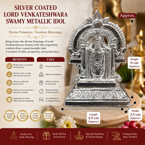 Silver Coated Lord Venkateswara Swamy Metallic Idol for Pooja Room, Home Temple, Office Desk & Car Dashboard | Decorative Hindu God Statue for Spiritual Decor & Gifting /18