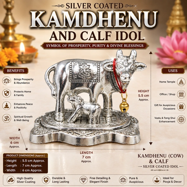 Silver Coated Kamdhenu Cow and Calf metallic Idol for Home Decor & Pooja Room | Auspicious Vastu Feng Shui Statue | Divine Prosperity, Wealth & Blessings | Metal Decorative Showpiece /25
