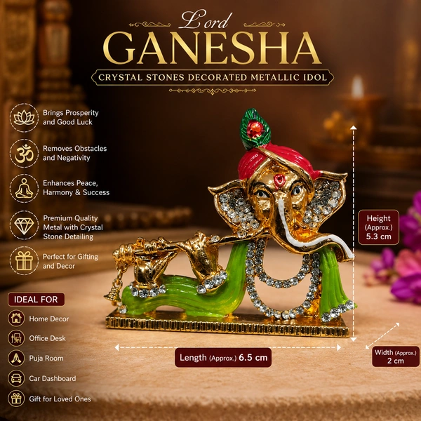 Lord Ganesha Crystal Stones Decorated Metallic Idol for Home Décor, Pooja Room, Office Desk & Car Dashboard | Premium Gold Finish Decorative Ganesh Murti | Spiritual Gift Item /5