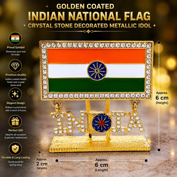 Golden Plated Indian National Flag Decorative Tabletop Showpiece with Crystal Stone Work | Bharat INDIA Desk Décor | Tiranga Flag Miniature Statue for Home, Office, Car Dashboard & Gifting /5