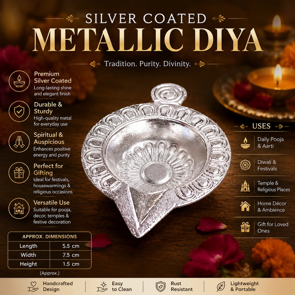 Silver Coated Decorative Metal Diya for Pooja & Festival Decoration | Traditional Oil Lamp for Diwali, Temple, Home Décor & Gifting | Elegant Religious Puja Deepam /27