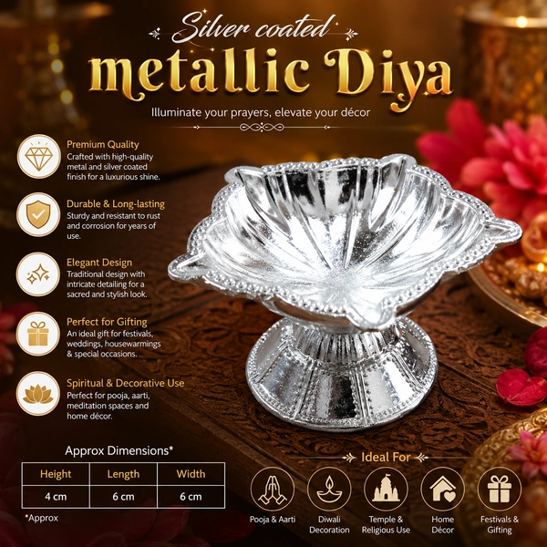 Silver Coated Metallic Diya for Pooja & Home Decor | Decorative Design Oil Lamp | Traditional Puja Deepam for Diwali, Temple, Festival Decoration & Gifting