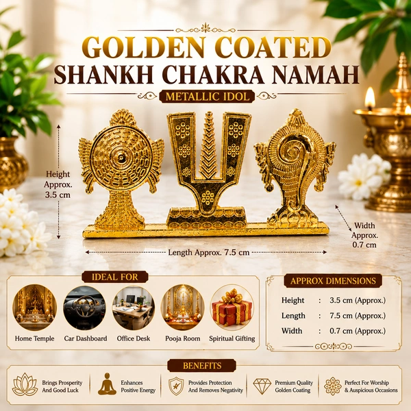 Golden Coated Shankh Chakra Namah Metallic Idol | Mini Spiritual Showpiece for Home Temple, Car Dashboard, Office Desk, Pooja Room & Gift Purpose /28