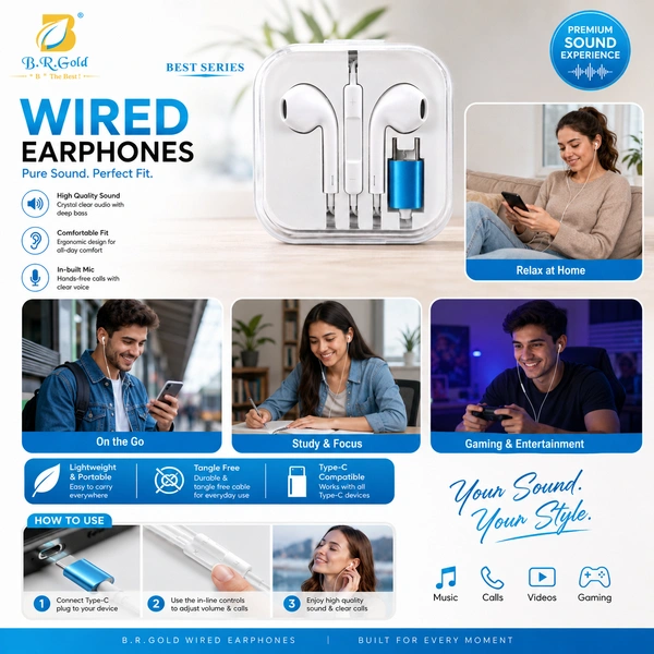 BRGold Type-C Wired Earphones with In-Line Microphone & Volume Control, Hi-Fi Stereo Sound, Comfortable Ergonomic Earbuds, Tangle-Free Cable, Noise Isolation Headset for Android Smartphones, Tablets & USB-C Devices