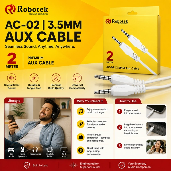 Robotek AC-02 3.5mm AUX Audio Cable 2 Meter | Premium Stereo Male to Male AUX Cord | High-Fidelity Sound | Universal Compatibility for Car, Mobile, Speaker, Headphones, Laptop & Home Audio Systems