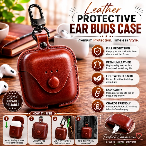 Leather Protective Earbuds Case with Metal Carabiner Hook FOR 131 ( RANDOM COLOURS ) Premium PU Leather Wireless Earphone Cover, Shockproof Dustproof Portable Charging Case Holder for Earbuds