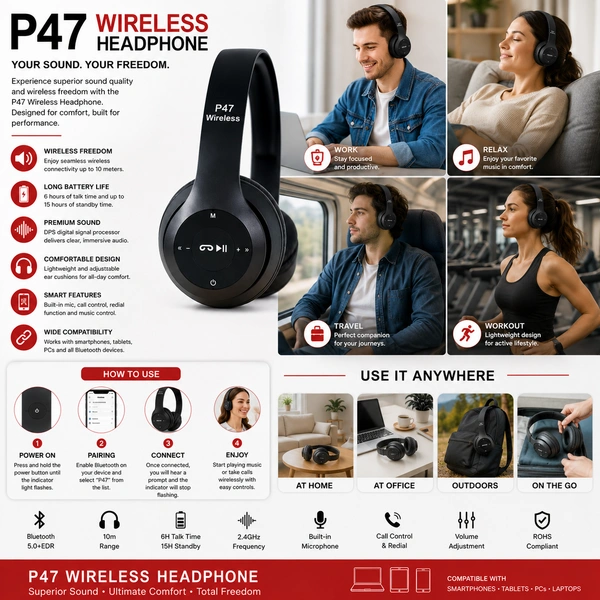 P47 Wireless Bluetooth Headphones with Built-in Microphone, Foldable Over-Ear Stereo Headset, Bluetooth 5.0 + EDR, FM Radio,Rechargeable Wireless Headphones for Mobile, Laptop & Tablet