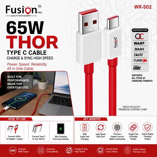 Fusion Pro WR-502 65W Thor USB to Type-C Fast Charging Cable, High-Speed Charge & Data Sync Cable, Premium Copper Core, Durable Tangle-Free Design, Compatible with Warp, Dash, Dart, Turbo & VOOC Charging Devices