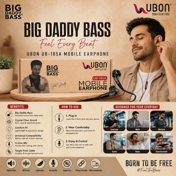 UBON UB-185A Wired In-Ear Earphones with Deep Bass, HD Sound, Built-in Microphone, 3.5mm Audio Jack, Comfortable Fit, Tangle-Free Cable for Smartphones, Tablets & Laptops (Big Daddy Bass Series)