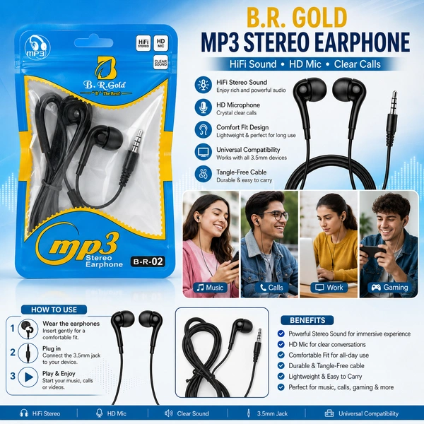 B.R. Gold MP3 Stereo Earphones with HD Mic, HiFi Stereo Sound, 3.5mm Wired In-Ear Earbuds, Clear Calls, Tangle-Free Cable, Universal Compatibility for Smartphones, Tablets, Laptops & Music Devices (B-R-02,)