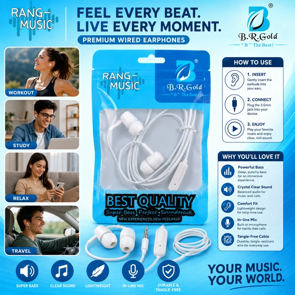B.R.Gold Rang Music Wired Earphones with Super Bass Stereo Sound, 3.5mm Jack, Comfortable In-Ear Design, Tangle-Resistant Cable for Mobile Phones, Tablets & Laptops