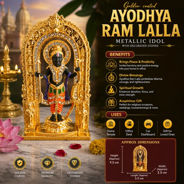 Golden Coated Ayodhya Ram Lalla Metallic Idol with Decorated Stones | Premium Hindu God Statue for Home Temple, Pooja Room, Office Desk & Car Dashboard | Decorative Spiritual Gift Idol /9