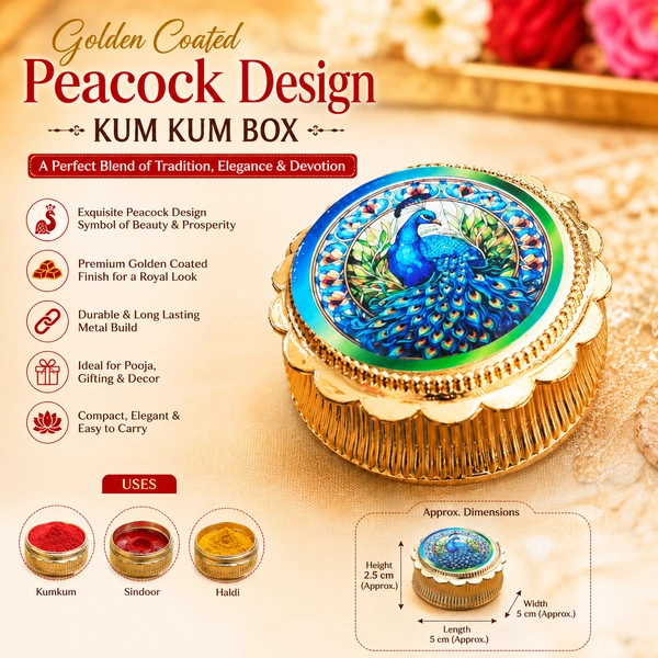 Golden Coated Peacock Design Kum Kum Box for Pooja | Decorative Sindoor & Kumkum Container | Elegant Metal Kumkum Dabbi for Temple, Home Décor & Festive Gifting /1
