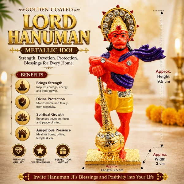 Golden Coated Lord Hanuman Metallic Idol for Home Decor & Puja | Premium Decorative Hindu God Statue | Lucky Spiritual Gift for Home, Office, Car Dashboard & Temple /12