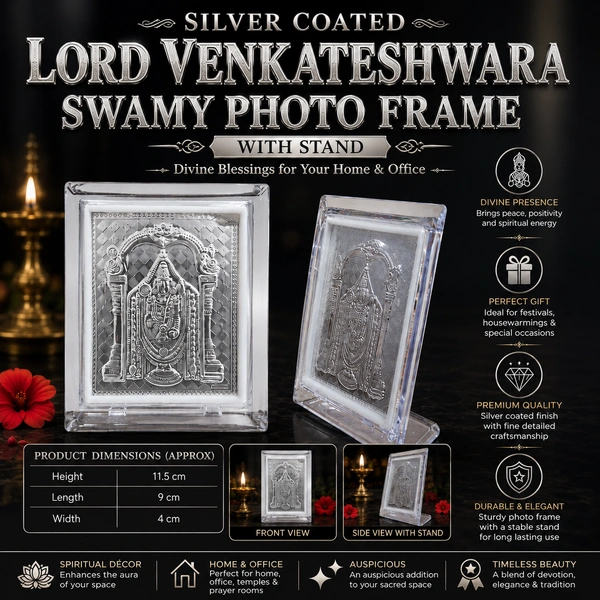 Silver Coated Lord Venkateshwara Swamy Photo Frame with Stand | Premium Decorative Silver Finish Divine Idol Frame | Pooja Room, Home Temple, Office Desk & Car Dashboard Decor | Auspicious Spiritual Gift for Housewarming & Festivals