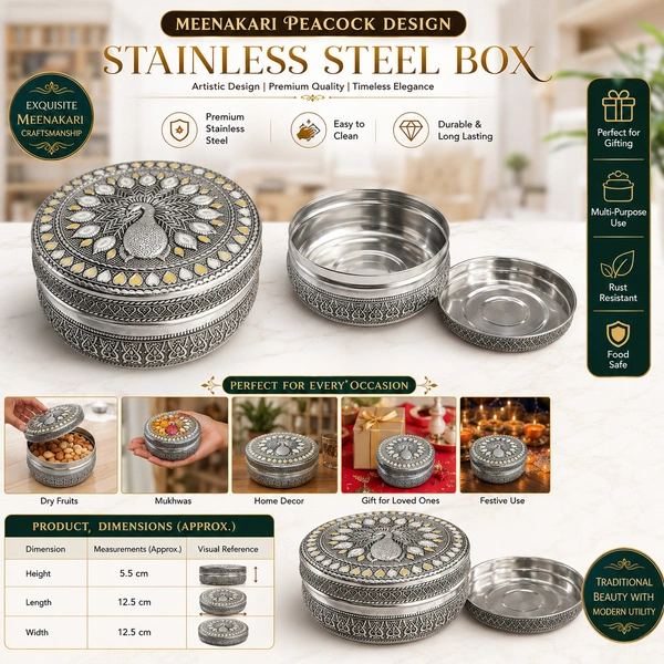 Premium Meenakari Peacock Design Stainless Steel Box | Decorative Round Storage Container for Dry Fruits, Snacks, Chocolates, Sweets, Jewellery & Puja Essentials | Handcrafted Ethnic Gift Box