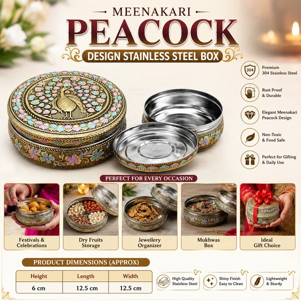 Premium Meenakari Peacock Design Stainless Steel Box | Decorative Round Storage Container for Dry Fruits, Snacks, Chocolates, Sweets, Jewellery & Puja Essentials | Handcrafted Ethnic Gift Box