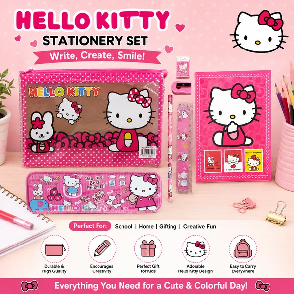 Hello Kitty Kids Stationery Set with Pencil Pouch, Notebook, Pencil Box, Pencil, Eraser & Sharpener | Cute Cartoon School Supplies Kit for childrens | Return Gift & Birthday Gift Set