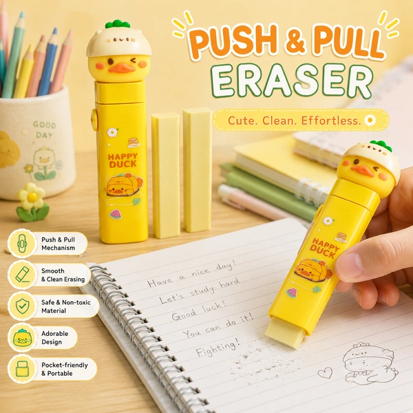 Cute Push & Pull Eraser for Kids ( RANDOM COLOURS & DESIGNS) |Retractable Pencil Eraser | Cartoon Design | Smooth & Clean Erasing | School Stationery Gift for Boys & Girls