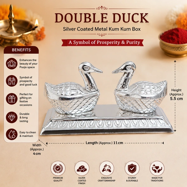 Double Duck Silver Coated Metal Kumkum Box with Decorative Tray | Twin Sindoor Holder for Pooja, Temple, Wedding Return Gifts, Diwali & Housewarming Decor /24