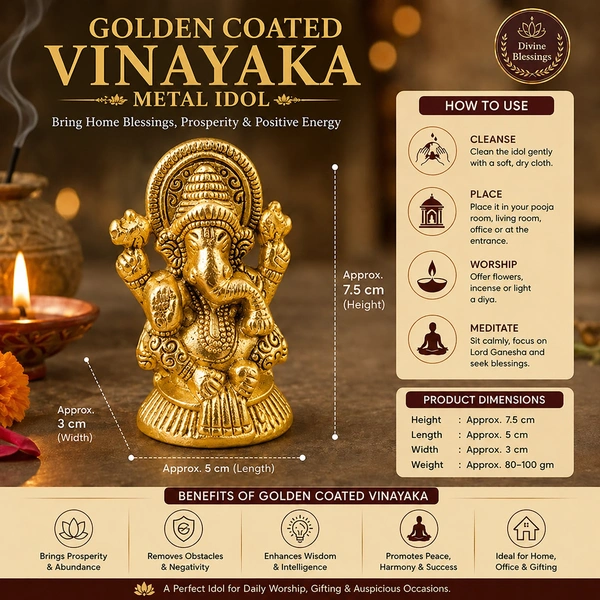 Golden Coated Lord Ganesha Idol for Home Temple, Office Desk & Car Dashboard | Decorative Ganesh Murti for Puja, Vastu & Spiritual Gift | Premium Metal Finish