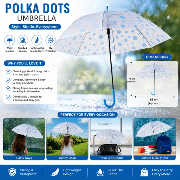 Polka Dot Umbrella for Boys & Girls ( RANDOM COLOURS )– Lightweight Manual Open Rain Umbrella with Curved Handle, Cute Printed Design, Durable Waterproof Canopy for School, Travel & Outdoor Use /1