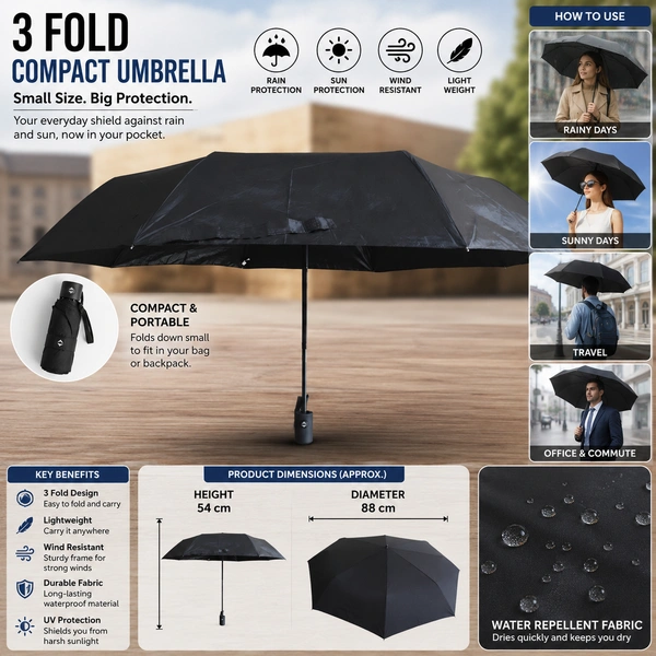 3 Fold Compact Umbrella ( RANDOM COLOURS)| Portable Travel Umbrella for Men & Women | Wind Resistant Waterproof Folding Umbrella | Lightweight Pocket Size Rain & Sun Protection / 4