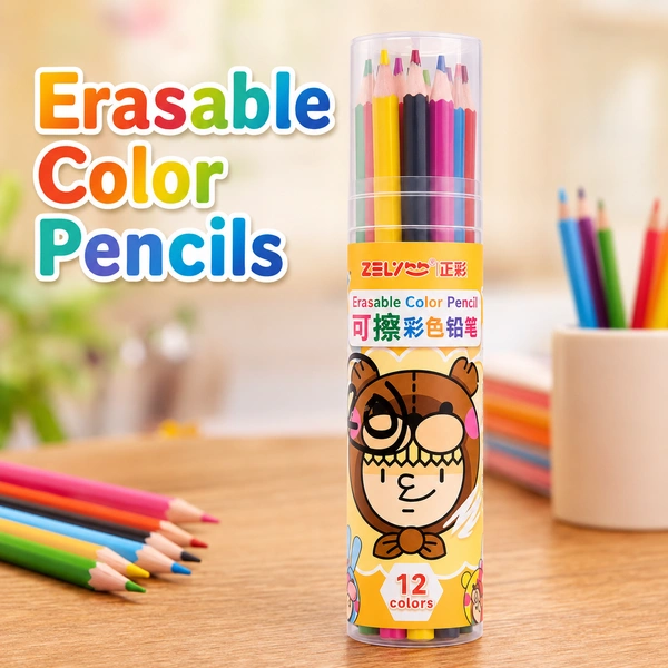 Kids Erasable Color Pencils Set – 12 Colors Drawing & Coloring Pencils in Portable Tube Box for School, Art & Creative Activities