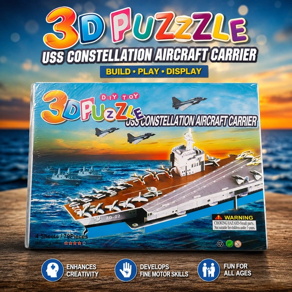 3D Puzzle USS Constellation Aircraft Carrier DIY Toy – 70 Piece Educational Model Kit for Kids & Adults | Build, Play & Display Creative Construction Puzzle