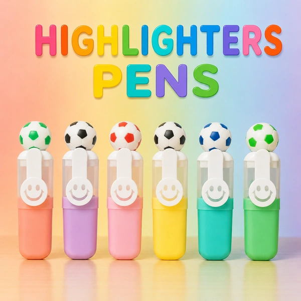 Kids Mini Football Highlighter Pen Set – Multicolor Cute Soccer Ball Marker Pens with Zip Pouch | Stationery Gift Set for School, Drawing & Office Use (Pack of 6)