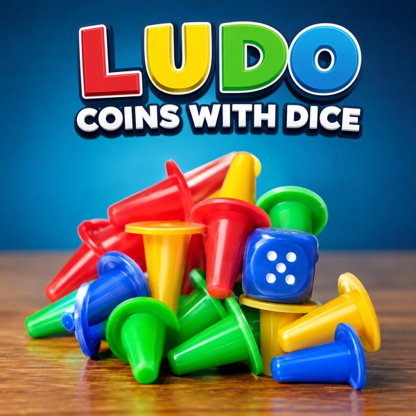 Ludo Coins with Dice Set for Board Games | Colorful Plastic Playing Pawns & Dice Combo | Indoor Family Game Accessories for Kids & Adults -