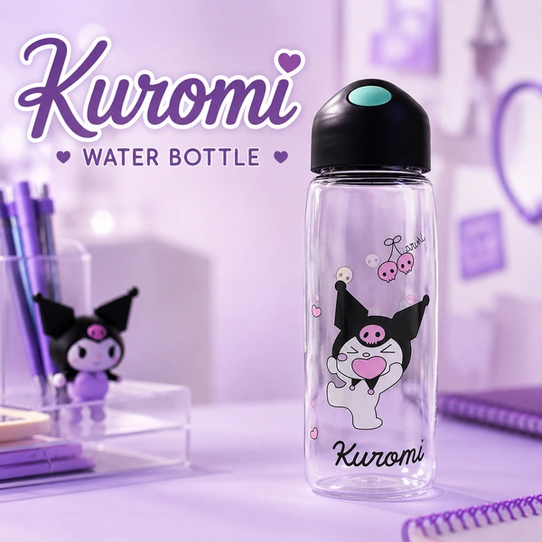 Kuromi Cute Transparent Water Bottle with Leakproof Lid – Cartoon Printed Reusable Drinking Bottle for School, Office, Travel & Daily Use
