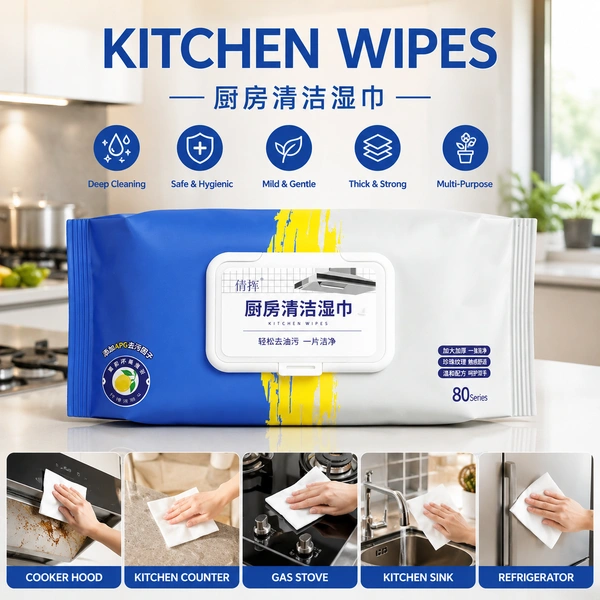 Premium Kitchen Cleaning Wipes – Multipurpose Disposable Kitchen Wipes for Oil, Grease & Stain Removal | Thick & Soft Hygienic Cleaning Wipes for Stove, Sink, Countertop & Refrigerator | 80 SERIES Pack