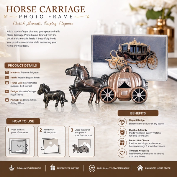 Royal Horse Carriage Photo Frame for Table Decor | Luxury Metallic Finish Mini Photo Holder | Decorative Home & Office Showpiece | Elegant Gift Item for Wedding, Anniversary & Birthday /29