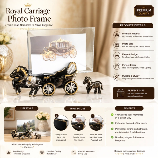 Royal Horse Carriage Photo Frame Showpiece with Acrylic Picture Holder | Elegant Vintage Home Décor Gift Item for Living Room, Office & Bedroom | Luxury Decorative Tabletop Frame /29