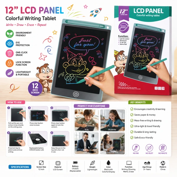 12 Inch LCD panel colorful Writing Tablet for Kids and Adults | Colorful Digital Writing Pad with Stylus Pen | Reusable E-Writer Drawing Board | Electronic Memo Pad for Writing, Sketching, Learning & Office Notes /36