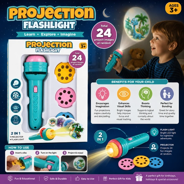 Projection Flashlight Toy for Kids 3+ ( RANDOMM COLOURS )| 2-in-1 Projector flash light with 24 Project Images | Educational Storytelling Flashlight with Slide Discs for Boys & Girls